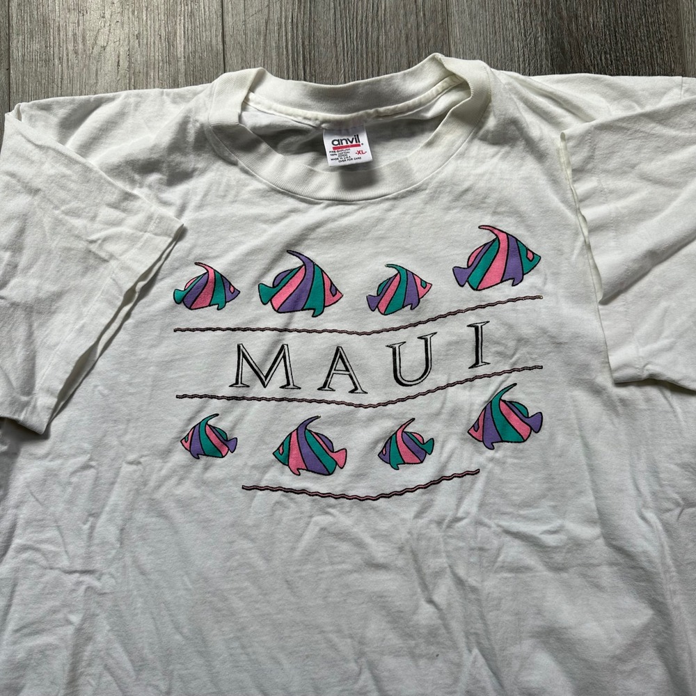 Vintage 90s Maui Fish Graphic T-Shirt Anvil made in usa White Men's XL